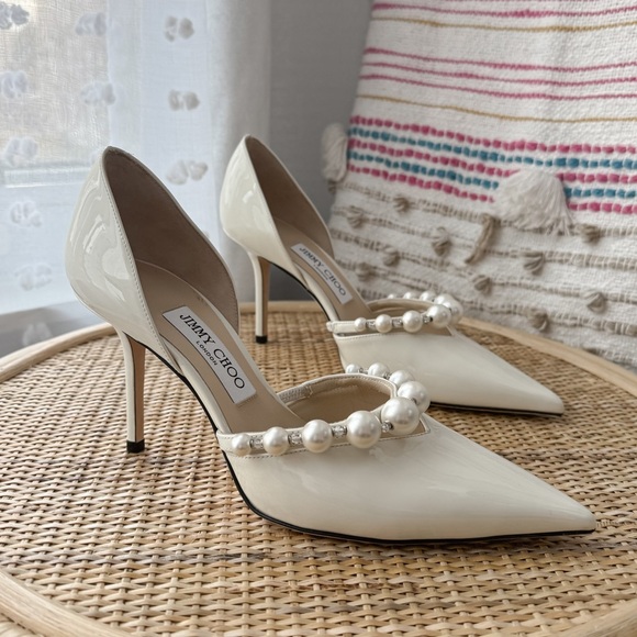 Jimmy Choo Aurelie 85 Latte White Faux Pearl Embellished Patent Leather Pumps 39 - Picture 2 of 11
